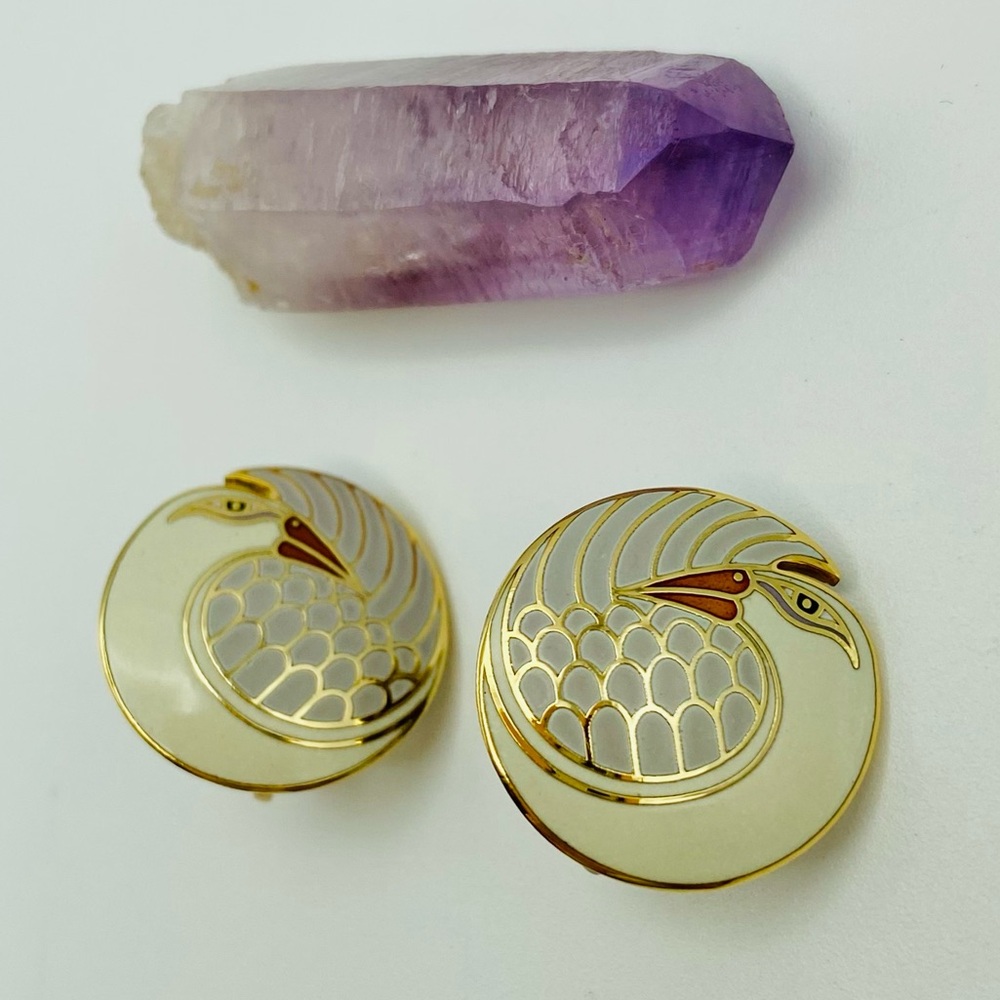 Laurel Burch ‘Mynah Bird’ Vintage Clip-On Earrings in Cream and Silver